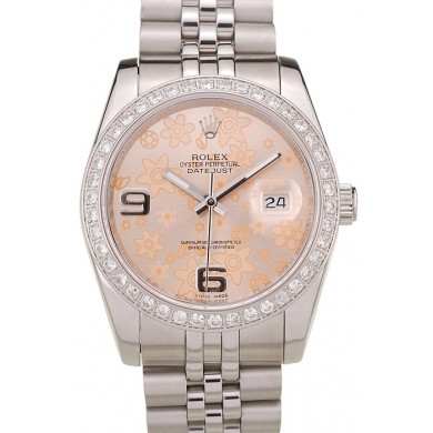 AAA Imitation Rolex DateJust Brushed Stainless Steel Case Orange Flowers Dial Diamonds Plated
