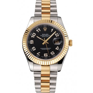 Fake Swiss Rolex Datejust Black Dial Gold Bezel Stainless Steel Case Two Tone Bracelet