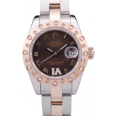 Imitation Top Rolex Datejust Diamonds Rose Gold Polished Bezel Brown Dial 7475