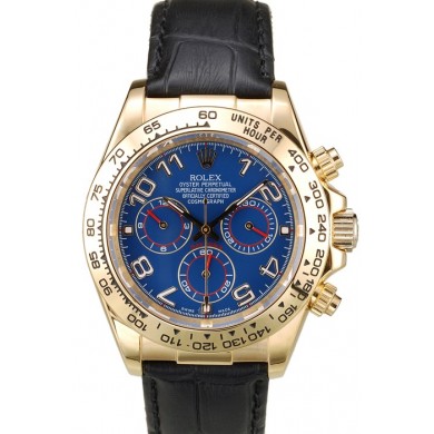 Knockoff Rolex Daytona Gold Case Blue Dial Black Leather Strap