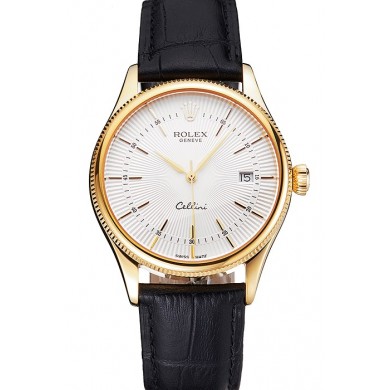 Knockoff Swiss Rolex Cellini Date White Dial Gold Case Black Leather Strap