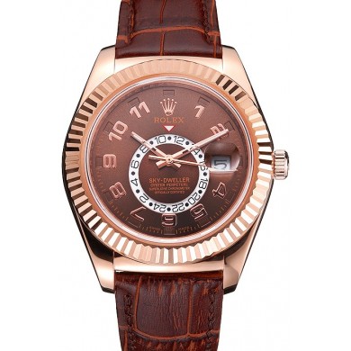 Quality Rolex Sky Dweller Brown Dial Rose Gold Case Brown Leather Strap