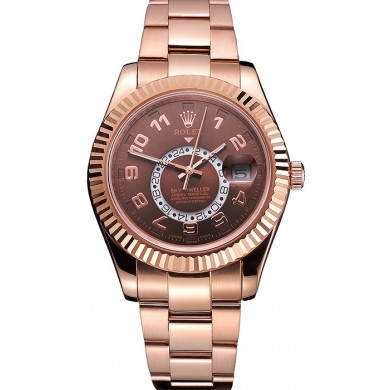 Replica Rolex Sky Dweller Brown Dial Rose Gold Case Ad Bracelet