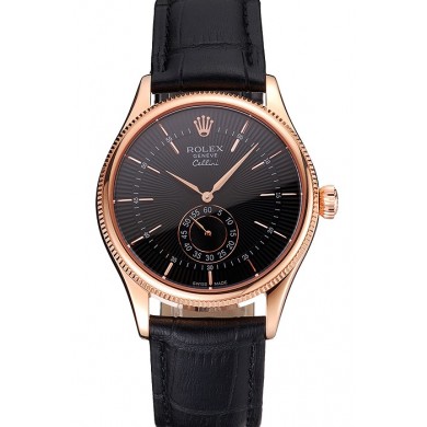 Replica Swiss Rolex Cellini Black Dial Rose Gold Case Black Leather Strap