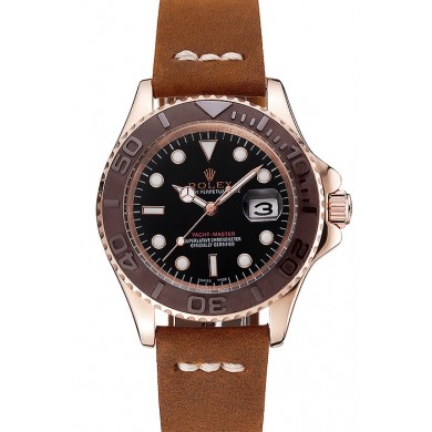 Rolex Yacht Master Black Dial Brown Bezel Rose Gold Case Brown Leather Bracelet 1453860