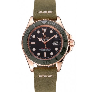 Rolex Yacht Master Black Dial Green Bezel Rose Gold Case Green Leather Bracelet 1453862