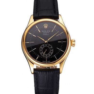 Swiss Rolex Cellini Black Dial Gold Case Black Leather Strap