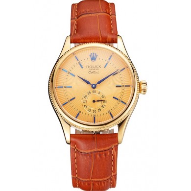 Swiss Rolex Cellini Gold Dial Blue Markings Gold Case Light Brown Leather Strap