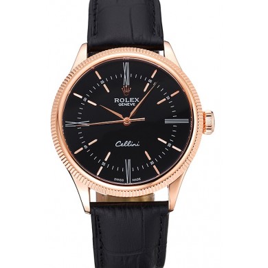 Swiss Rolex Cellini Time Rose Gold Case Black Dial Black Leather Bracelet 622656