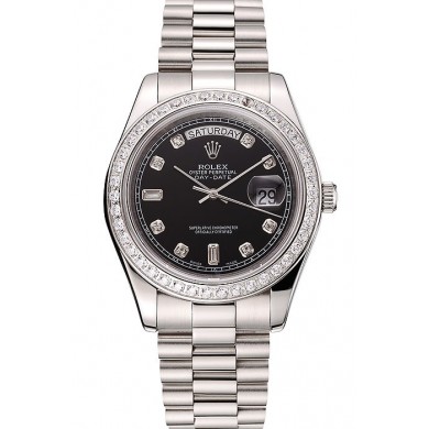 Swiss Rolex Day-Date Black Dial Diamond Case Diamond Numerals Stainless Steel Bracelet 1453966