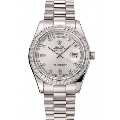 Swiss Rolex Day-Date White Dial Diamond Case Diamond Numerals Stainless Steel Bracelet 1453968