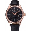 Replica Rolex Cellini Black Dial Pink Gold Case Black Leather Strap 622842