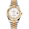 Swiss Rolex Datejust White Dial Roman Numerals Gold Bezel Stainless Steel Case Two Tone Bracelet