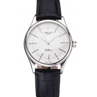 Swiss Rolex Cellini White Guilloche Dial Stainless Steel Case Black Leather Strap