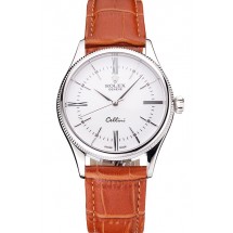 Fake Swiss Rolex Cellini White Dial Roman Numerals Stainless Steel Case Light Brown Leather Strap