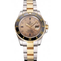 Imitation Swiss Rolex Submariner Gold Dial Diamond Markings Black Bezel Two Tone Steel Gold Bracelet