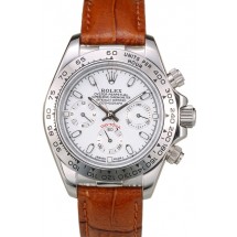 Knockoff Rolex Daytona Lady Stainless Steel Case White Dial Brown Leather Strap Tachymeter