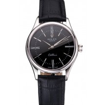 Swiss Rolex Cellini Black Dial Roman Numerals Stainless Steel Case Black Leather Strap