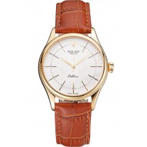 Swiss Rolex Cellini White Guilloche Dial Gold Case Light Brown Leather Strap