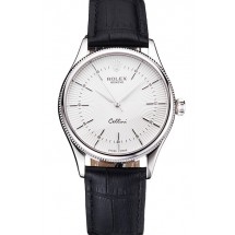 Swiss Rolex Cellini White Guilloche Dial Stainless Steel Case Black Leather Strap