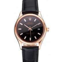 Swiss Rolex Datejust Black Dial Rose Gold Case Black Leather Strap