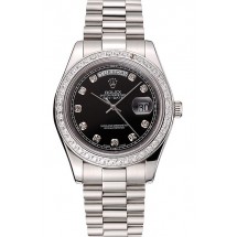 Top Swiss Rolex Day-Date Black Dial Diamond Case Diamond Numerals Stainless Steel Bracelet 1453965