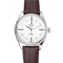AAAAA Copy Rolex Cellini White Dial Stainless Steel Case Brown Leather Strap 622839