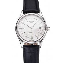 Copy Top Swiss Rolex Cellini Date White Dial Stainless Steel Case Black Leather Strap
