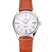 Fake Swiss Rolex Cellini White Dial Roman Numerals Stainless Steel Case Light Brown Leather Strap
