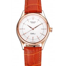 Fake Swiss Rolex Cellini White Dial Rose Gold Case Brown Leather Strap