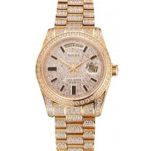 Hot Fake Swiss Rolex Day Date Yellow Gold Full Diamond Pave