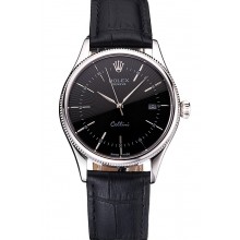 Hot Swiss Rolex Cellini Date Black Dial Stainless Steel Case Black Leather Strap