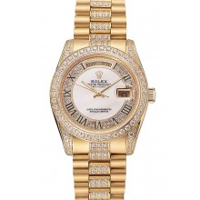 Imitation Swiss Rolex Day-Date Diamond Pave White Dial Gold Diamond Bracelet 1453958