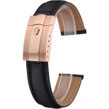 Knockoff Rolex Black Leather with Rose Gold Clasp Bracelet 622498