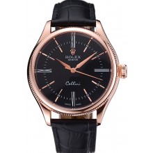 Replica Rolex Cellini Black Dial Pink Gold Case Black Leather Strap 622842