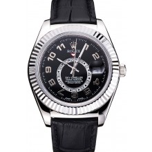 Replica Rolex Sky Dweller Black Dial Stainless Steel Case Black Leather Strap