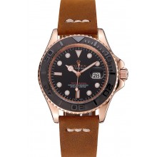 Replica Rolex Yacht Master Black Dial Rose Gold Case Brown Leather Bracelet 1453861