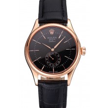 Replica Swiss Rolex Cellini Black Dial Rose Gold Case Black Leather Strap