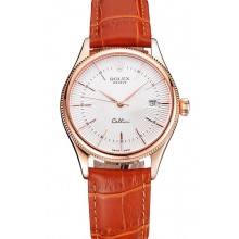 Replica Swiss Rolex Cellini Date White Dial Rose Gold Case Brown Leather Strap