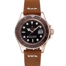 Rolex Yacht Master Black Dial Brown Bezel Rose Gold Case Brown Leather Bracelet 1453860