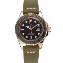 Rolex Yacht Master Black Dial Green Bezel Rose Gold Case Green Leather Bracelet 1453862