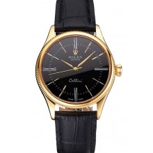 Swiss Rolex Cellini Black Dial Roman Numerals Gold Case Black Leather Strap