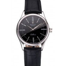 Swiss Rolex Cellini Black Dial Roman Numerals Stainless Steel Case Black Leather Strap