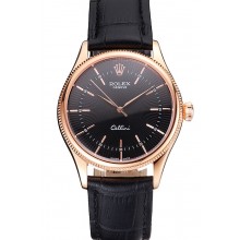 Swiss Rolex Cellini Black Dial Rose Gold Markings Rose Gold Case Black Leather Strap