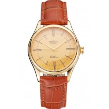 Swiss Rolex Cellini Gold Dial Roman Numerals Gold Case Light Brown Leather Strap