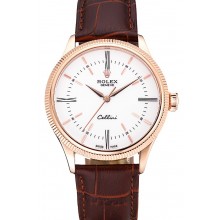 Swiss Rolex Cellini Time Gold Case White Dial Brown Leather Bracelet 622655