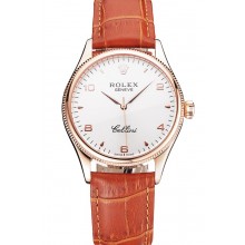 Swiss Rolex Cellini White Dial Arabic Numerals Rose Gold Case Light Brown Leather Strap