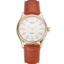 Swiss Rolex Cellini White Guilloche Dial Gold Case Light Brown Leather Strap