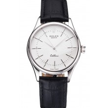Swiss Rolex Cellini White Guilloche Dial Stainless Steel Case Black Leather Strap
