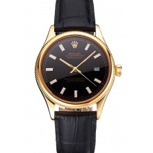 Swiss Rolex Datejust Black Dial Gold Case Black Leather Strap